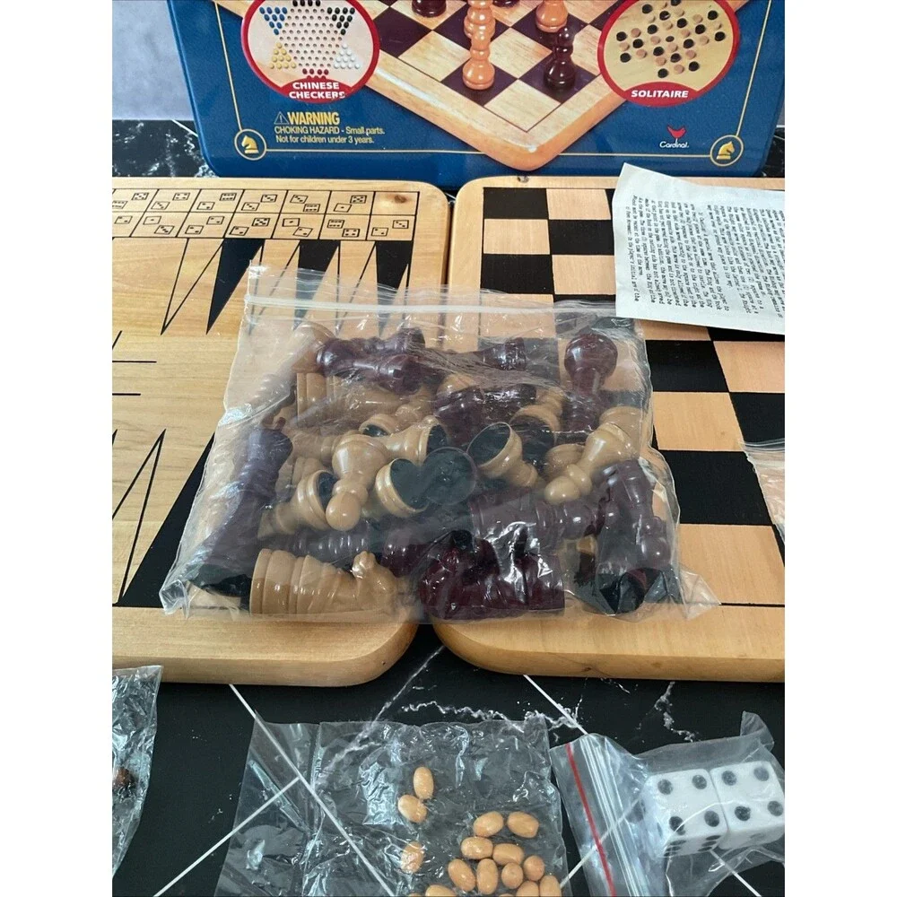 Family 7+ Mancala Game Center 8 Classic Board Games Solid Wood in Tin EUC